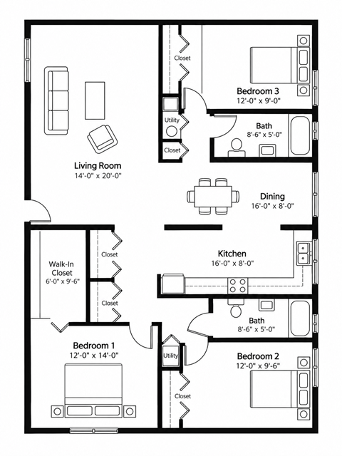 Floor plan for 3 beds, 2 baths